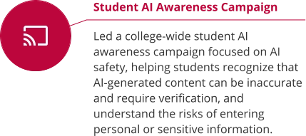 Student AI Awareness Campaign  Led a college-wide student AI awareness campaign focused on AI safety, helping students recognize that AI-generated content can be inaccurate and require verification, and understand the risks of entering personal or sensitive information.